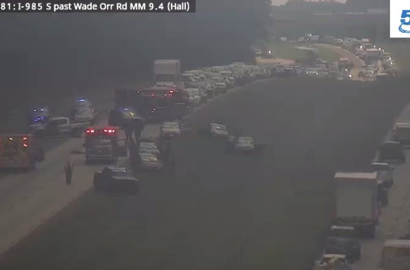 A multi-vehicle crash on I-985 has created major delays for northbound travelers in Hall County, with traffic backed up for miles near the Friendship Road exit.