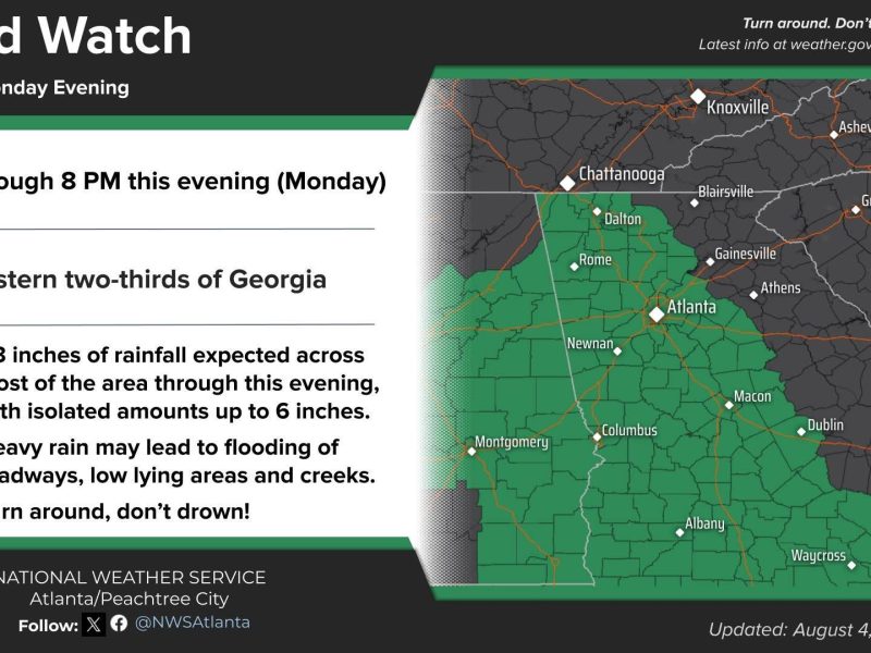 Heavy rain is expected to soak much of north and central Georgia today, with some spots seeing up to 6 inches. The National Weather Service warns this could lead to flooding on rivers, creeks, and low-lying areas.