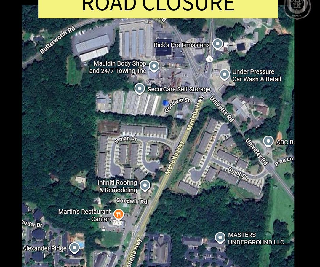 Marietta Highway is closed tonight between Univeter Road and Ridge Road in Canton while crews from Georgia Power work alongside police. The closure is expected to last until around 9 p.m., forcing drivers to detour through surrounding streets.