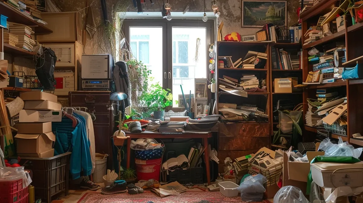 A cluttered room filled with various items including stacked cardboard boxes, hanging clothes, bookshelves packed with books and papers, a table covered with miscellaneous objects, and a window in the center letting in natural light. The space appears densely packed with storage containers, bags, and household items, creating a busy and crowded atmosphere.