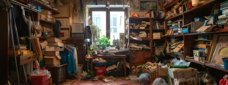 A cluttered room filled with various items including stacked cardboard boxes, hanging clothes, bookshelves packed with books and papers, a table covered with miscellaneous objects, and a window in the center letting in natural light. The space appears densely packed with storage containers, bags, and household items, creating a busy and crowded atmosphere.