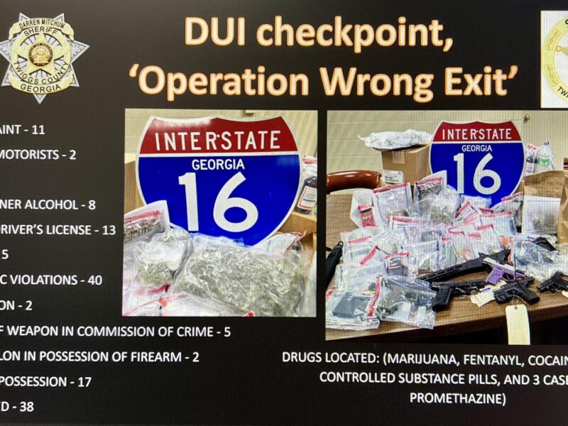 Summary of DUI checkpoint results titled "Operation Wrong Exit" by Twiggs County Sheriff, Georgia. The left side lists violations and arrests: seat belt - 9, child restraint - 11, uninsured motorists - 2, DUI - 8, open container alcohol - 8, suspended driver's license - 13, hands free - 5, other traffic violations - 40, wanted person - 2, possession of weapon in commission of crime - 5, convicted felon in possession of firearm - 2, felony drug possession - 17, total arrested - 38. The right side shows evidence including bags of drugs and firearms with an Interstate 16 Georgia sign. Drugs located include marijuana, fentanyl, cocaine, ecstasy, controlled substance pills, and 3 cases of promethazine.
