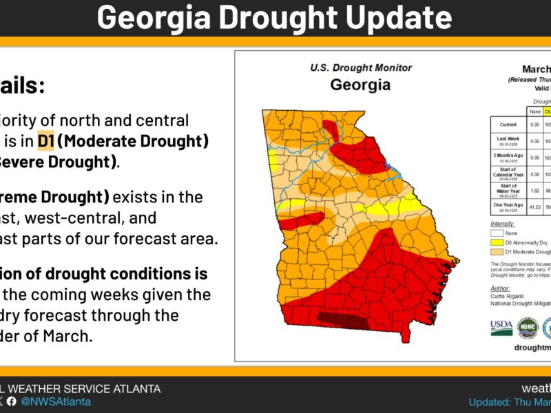 Georgia drought update for March 17, 2026, shows the majority of north and central Georgia in moderate (D1) or severe drought (D2). Extreme drought (D3) is present in northeast, west-central, and southeast areas. Expansion of drought conditions is likely in the coming weeks due to a dry forecast. The map highlights drought intensity with colors: yellow for abnormally dry, tan for moderate drought, orange for severe drought, red for extreme drought, and dark red for exceptional drought. The southern part of Georgia shows extensive extreme and exceptional drought conditions.