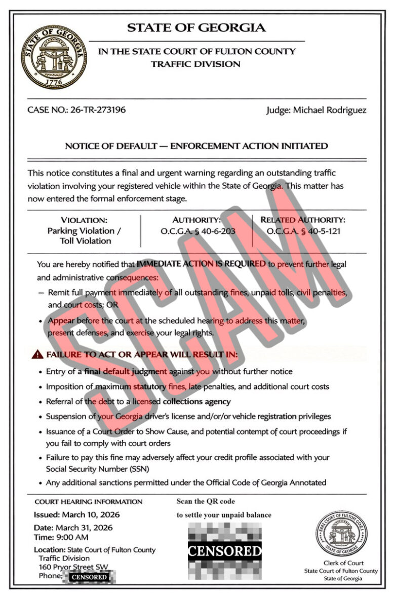 Notice of default from the State of Georgia, State Court of Fulton County Traffic Division, regarding case number 26-TR-273196, judged by Michael Rodriguez. It warns of an outstanding traffic violation involving a registered vehicle, specifically a parking violation or toll violation, citing authorities O.C.G.A. § 40-6-203 and O.C.G.A. § 40-5-121. Immediate action is required to avoid legal and administrative consequences, including payment of all fines, tolls, penalties, and court costs, or appearing at a scheduled court hearing. Failure to act may result in a final default judgment, statutory fines, referral to a collections agency, suspension of driver's license or vehicle registration, court orders, credit profile impact, and other sanctions. Court hearing is scheduled for March 31, 2026, at 9:00 AM at the State Court of Fulton County Traffic Division, 160 Pryor Street SW. The notice includes a QR code to settle the unpaid balance. The document is marked "SAMPLE" in red across the text.