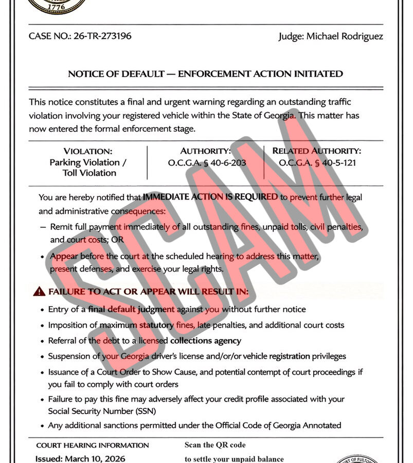 Notice of default from the State of Georgia, State Court of Fulton County Traffic Division, regarding case number 26-TR-273196, judged by Michael Rodriguez. It warns of an outstanding traffic violation involving a registered vehicle, specifically a parking violation or toll violation, citing authorities O.C.G.A. § 40-6-203 and O.C.G.A. § 40-5-121. Immediate action is required to avoid legal and administrative consequences, including payment of all fines, tolls, penalties, and court costs, or appearing at a scheduled court hearing. Failure to act may result in a final default judgment, statutory fines, referral to a collections agency, suspension of driver's license or vehicle registration, court orders, credit profile impact, and other sanctions. Court hearing is scheduled for March 31, 2026, at 9:00 AM at the State Court of Fulton County Traffic Division, 160 Pryor Street SW. The notice includes a QR code to settle the unpaid balance. The document is marked "SAMPLE" in red across the text.