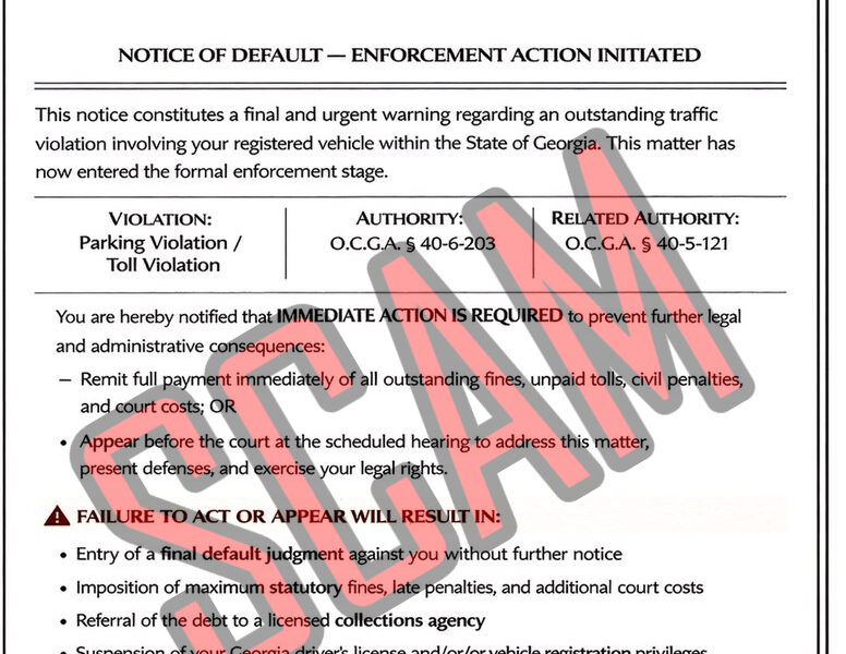 Notice of default from the State of Georgia, State Court of Fulton County Traffic Division, regarding case number 26-TR-273196, judged by Michael Rodriguez. It warns of an outstanding traffic violation involving a registered vehicle, specifically a parking violation or toll violation, citing authorities O.C.G.A. § 40-6-203 and O.C.G.A. § 40-5-121. Immediate action is required to avoid legal and administrative consequences, including payment of all fines, tolls, penalties, and court costs, or appearing at a scheduled court hearing. Failure to act may result in a final default judgment, statutory fines, referral to a collections agency, suspension of driver's license or vehicle registration, court orders, credit profile impact, and other sanctions. Court hearing is scheduled for March 31, 2026, at 9:00 AM at the State Court of Fulton County Traffic Division, 160 Pryor Street SW. The notice includes a QR code to settle the unpaid balance. The document is marked "SAMPLE" in red across the text.