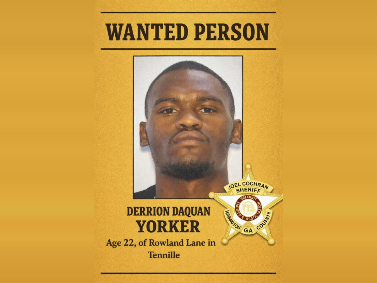 Wanted person poster featuring a headshot of Derrion Daquan Yorker, age 22, of Rowland Lane in Tennille. The poster includes a sheriff's badge labeled "Joel Cochran Sheriff, Washington County GA.