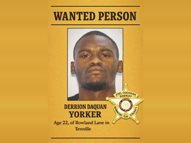 Wanted person poster featuring a headshot of Derrion Daquan Yorker, age 22, of Rowland Lane in Tennille. The poster includes a sheriff's badge labeled "Joel Cochran Sheriff, Washington County GA.