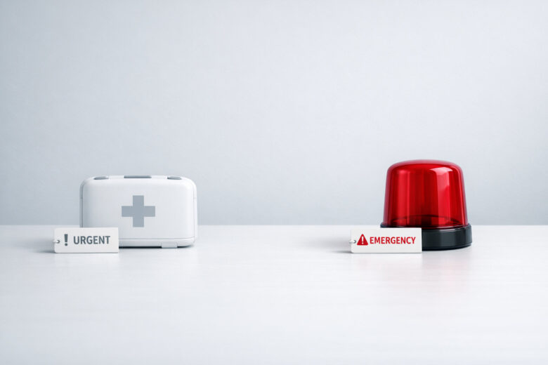 A white first aid kit with a gray cross symbol on it is placed on the left side of a white surface, accompanied by a small tag labeled "URGENT" with an exclamation mark. On the right side, there is a red emergency siren light with a black base, accompanied by a small tag labeled "EMERGENCY" with a warning symbol. The background is plain and light-colored.