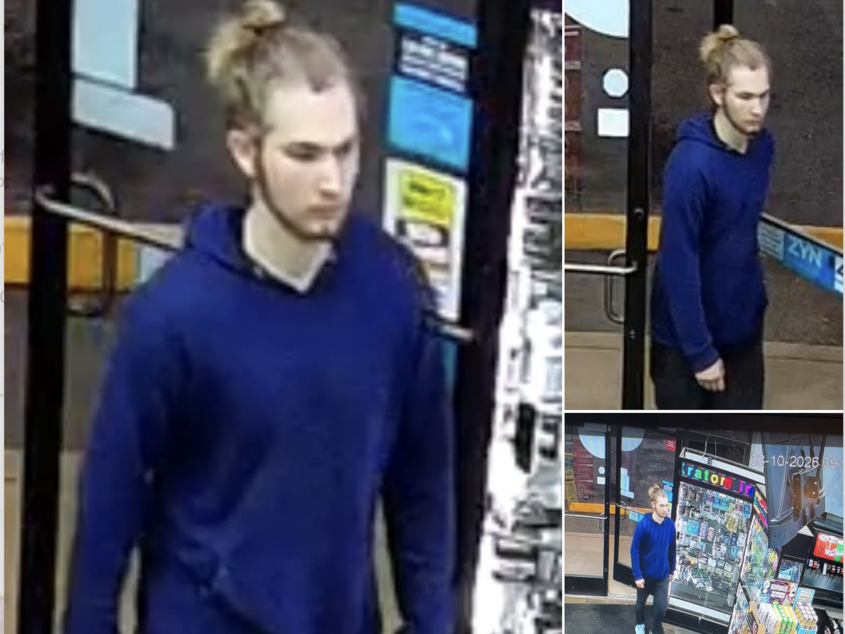 A young man with light skin and blonde hair tied in a bun is wearing a blue hoodie and dark pants. He has a short beard and is seen entering a store through a glass door. The store interior includes a display rack with various items and a soda fountain machine. The images appear to be from security camera footage.