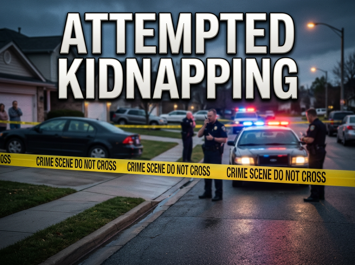 Police officers stand behind yellow "Crime Scene Do Not Cross" tape on a suburban street at dusk, with police cars flashing red and blue lights. Large text above reads "ATTEMPTED KIDNAPPING.