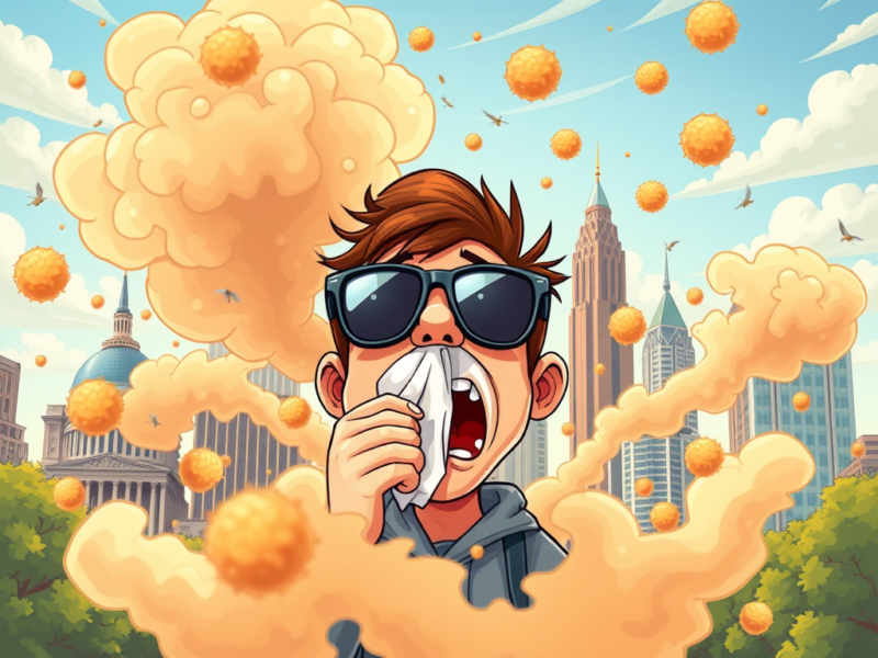 A cartoon-style illustration of a person wearing sunglasses and a hoodie, sneezing or blowing their nose into a tissue. The background shows a cityscape with tall buildings and a clear sky. Surrounding the person are large, orange pollen particles and clouds of pollen, indicating an allergy or pollen-related reaction.