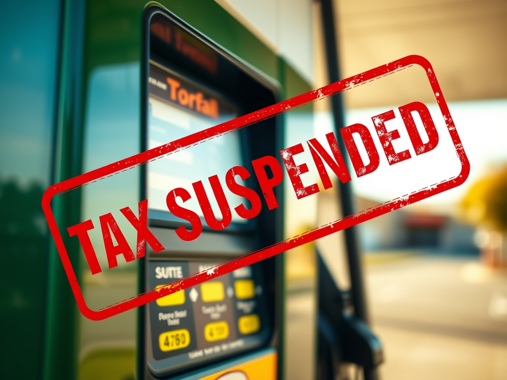 Gas pump with a digital display at a fuel station, overlaid with a large red stamp reading "TAX SUSPENDED.