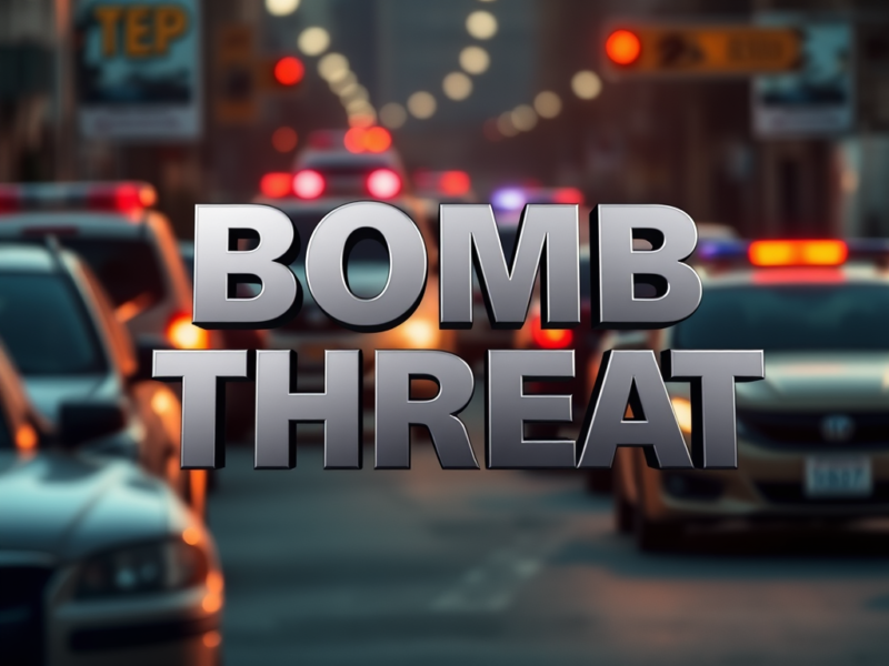 Large metallic text reading "BOMB THREAT" is displayed prominently over a blurred background of a city street with multiple police cars and flashing emergency lights.