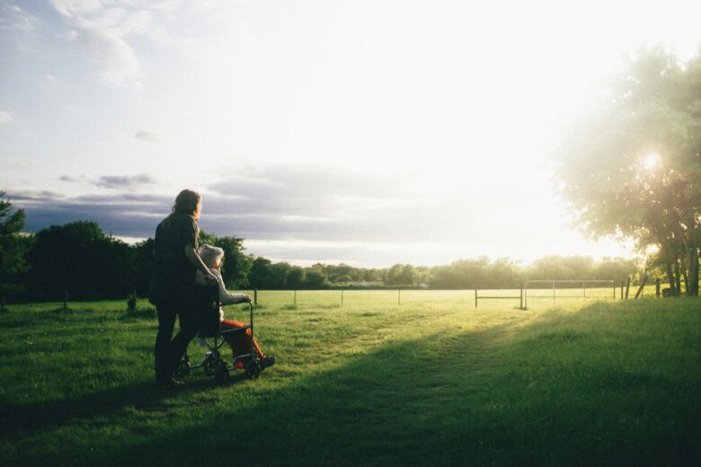 A person pushing an elderly individual in a wheelchair across a sunlit grassy field during late afternoon or early evening, with trees and a partly cloudy sky in the background.