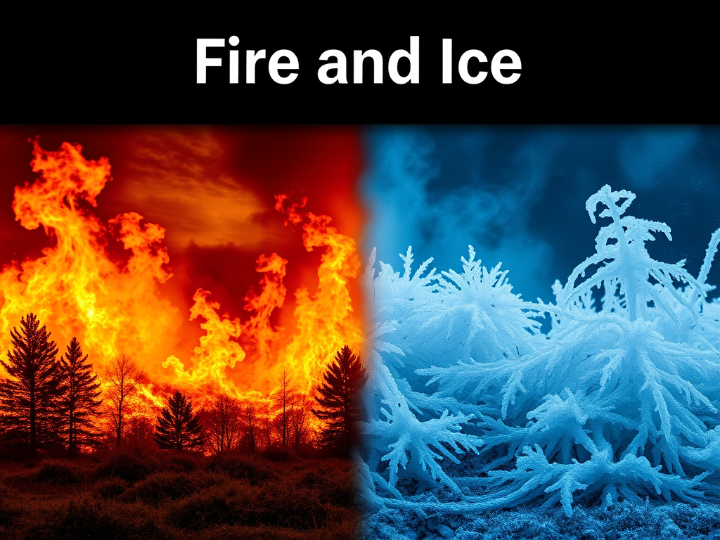 A split image with the left side showing a forest engulfed in bright orange and yellow flames under a smoky sky, and the right side depicting close-up icy blue frost formations on branches against a cold, misty background. The top of the image has the text "Fire and Ice" in bold white letters on a black background.
