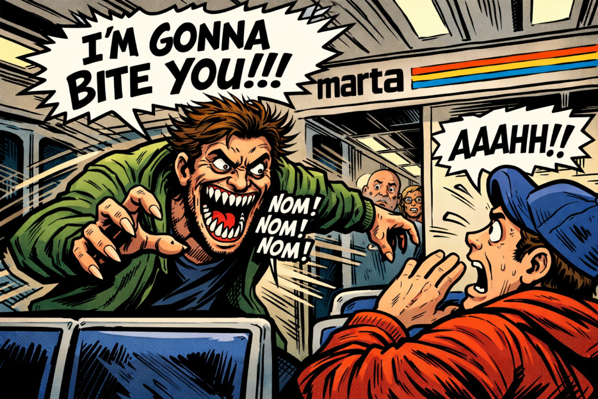 A comic-style scene inside a bus shows a wild-eyed man with sharp teeth and long nails lunging aggressively, shouting "I'M GONNA BITE YOU!!!" and "NOM! NOM! NOM!" A frightened man in a blue cap and red jacket reacts with a terrified "AAAHH!!" Two other passengers in the background look on with alarm. The bus has a sign reading "marta" with colored stripes above the door.