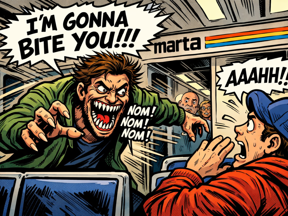A comic-style scene inside a bus shows a wild-eyed man with sharp teeth and long nails lunging aggressively, shouting "I'M GONNA BITE YOU!!!" and "NOM! NOM! NOM!" A frightened man in a blue cap and red jacket reacts with a terrified "AAAHH!!" Two other passengers in the background look on with alarm. The bus has a sign reading "marta" with colored stripes above the door.