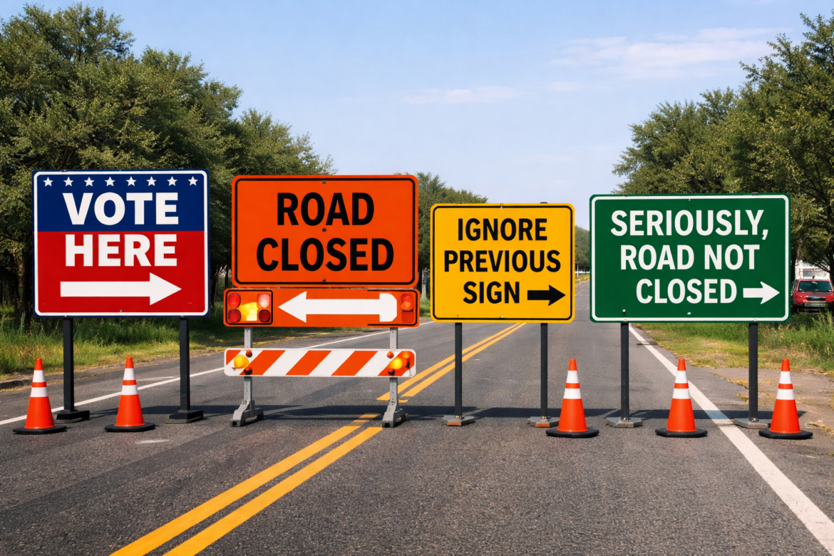 Four road signs are lined up on a road with orange traffic cones in front. From left to right, the signs read: "VOTE HERE" with a right arrow on a red, white, and blue background; "ROAD CLOSED" with a left arrow on an orange background; "IGNORE PREVIOUS SIGN" with a right arrow on a yellow background; and "SERIOUSLY, ROAD NOT CLOSED" with a right arrow on a green background. The road is flanked by trees and a clear sky is visible.