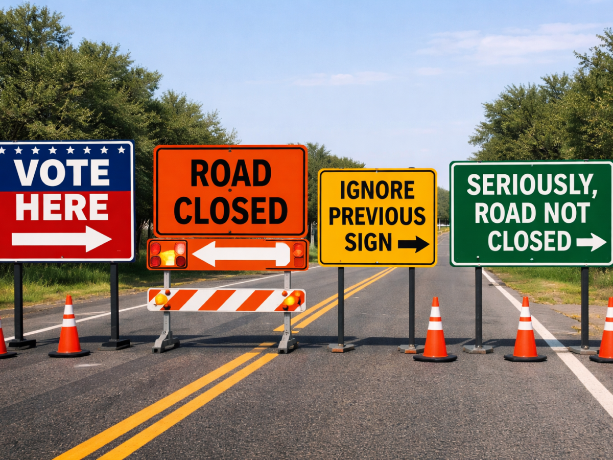 Four road signs are lined up on a road with orange traffic cones in front. From left to right, the signs read: "VOTE HERE" with a right arrow on a red, white, and blue background; "ROAD CLOSED" with a left arrow on an orange background; "IGNORE PREVIOUS SIGN" with a right arrow on a yellow background; and "SERIOUSLY, ROAD NOT CLOSED" with a right arrow on a green background. The road is flanked by trees and a clear sky is visible.