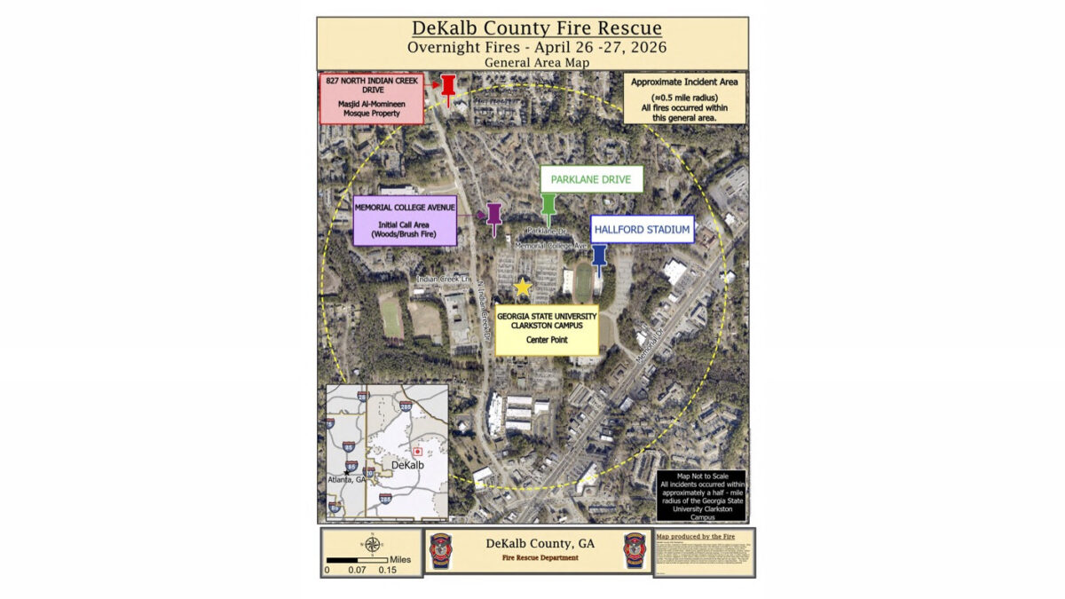 Map showing the general area of overnight fires in DeKalb County on April 26-27, 2026. The approximate incident area is marked with a yellow dashed circle with a 0.5 mile radius centered on Georgia State University Clarkston Campus. Key locations within the circle include Memorial College Avenue (initial call area for woods/brush fire), Parklane Drive, Hallford Stadium, and 827 North Indian Creek Drive (Masjid Al-Momineen Mosque Property). An inset map shows the location of DeKalb County in relation to Atlanta, GA. The map includes a scale bar in miles and is produced by the DeKalb County Fire Rescue Department.