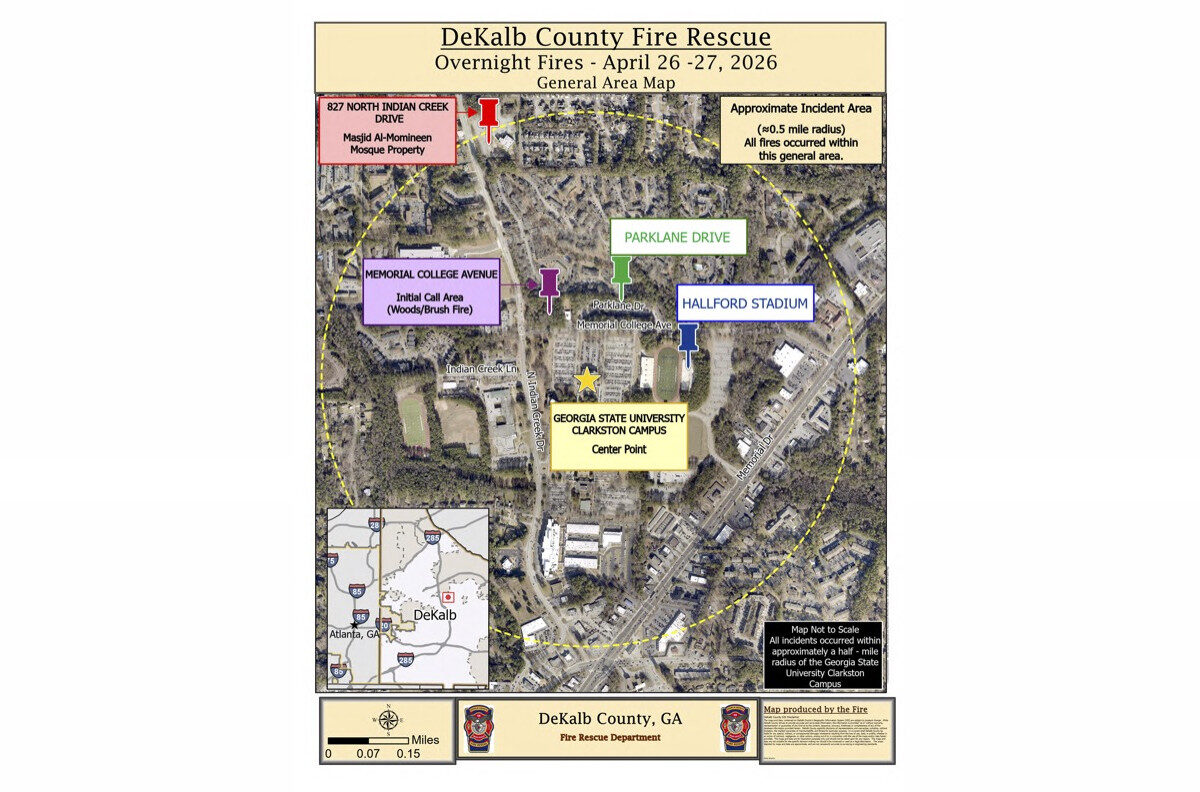 Map showing the general area of overnight fires in DeKalb County on April 26-27, 2026. The approximate incident area is marked with a yellow dashed circle with a 0.5 mile radius centered on Georgia State University Clarkston Campus. Key locations within the circle include Memorial College Avenue (initial call area for woods/brush fire), Parklane Drive, Hallford Stadium, and 827 North Indian Creek Drive (Masjid Al-Momineen Mosque Property). An inset map shows the location of DeKalb County in relation to Atlanta, GA. The map includes a scale bar in miles and is produced by the DeKalb County Fire Rescue Department.