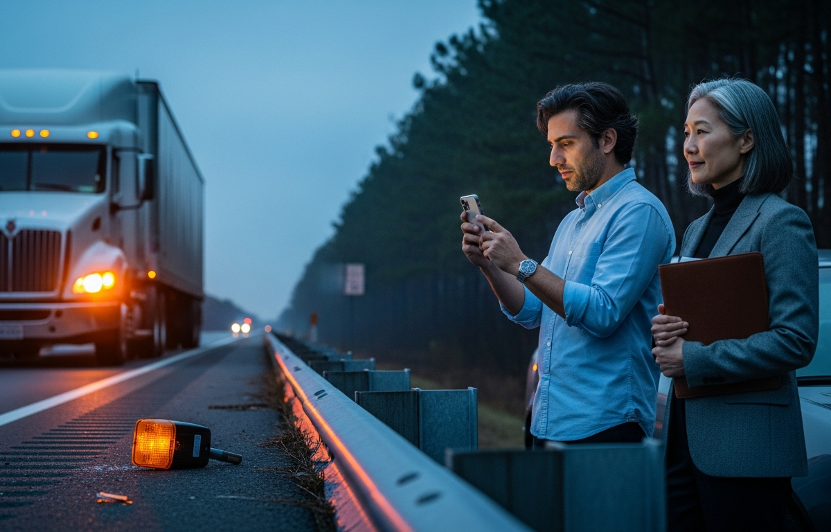 Two people stand beside a car on the side of a highway at dusk. One person is using a smartphone, while the other holds a brown folder. A large truck with its headlights on approaches in the background. An orange warning light lies on the road near the guardrail.
