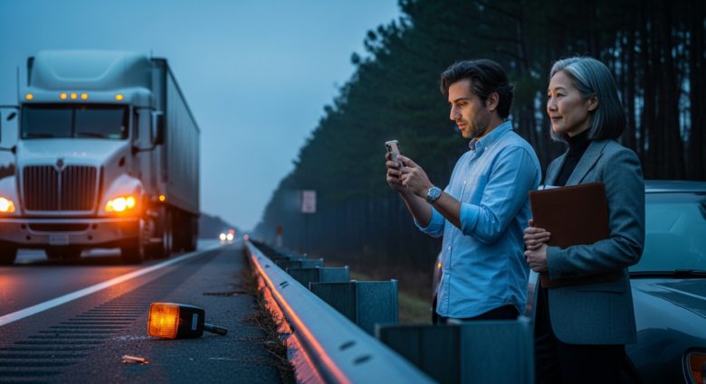 Two people stand beside a car on the side of a highway at dusk. One person is using a smartphone, while the other holds a brown folder. A large truck with its headlights on approaches in the background. An orange warning light lies on the road near the guardrail.