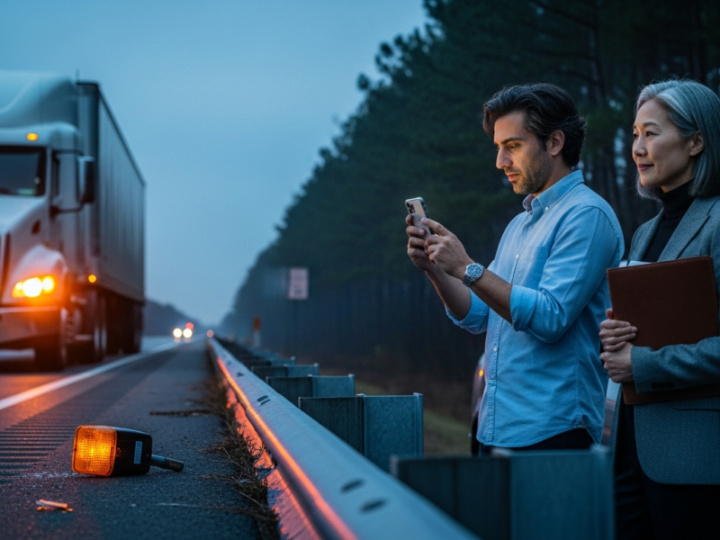 Two people stand beside a car on the side of a highway at dusk. One person is using a smartphone, while the other holds a brown folder. A large truck with its headlights on approaches in the background. An orange warning light lies on the road near the guardrail.