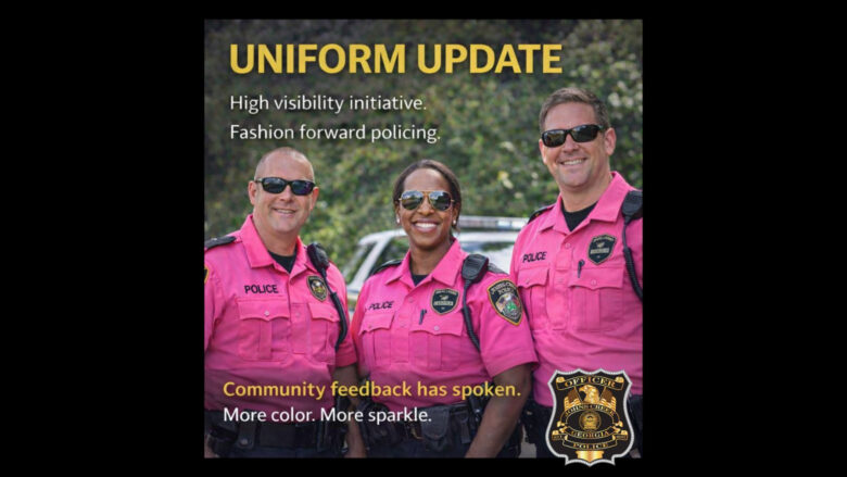 Three police officers wearing bright pink uniforms and sunglasses stand smiling in front of a police vehicle. The text above them reads "UNIFORM UPDATE" followed by "High visibility initiative. Fashion forward policing." Below the officers, the text says "Community feedback has spoken. More color. More sparkle." A police badge labeled "Johns Creek Police, Georgia" is displayed in the bottom right corner.