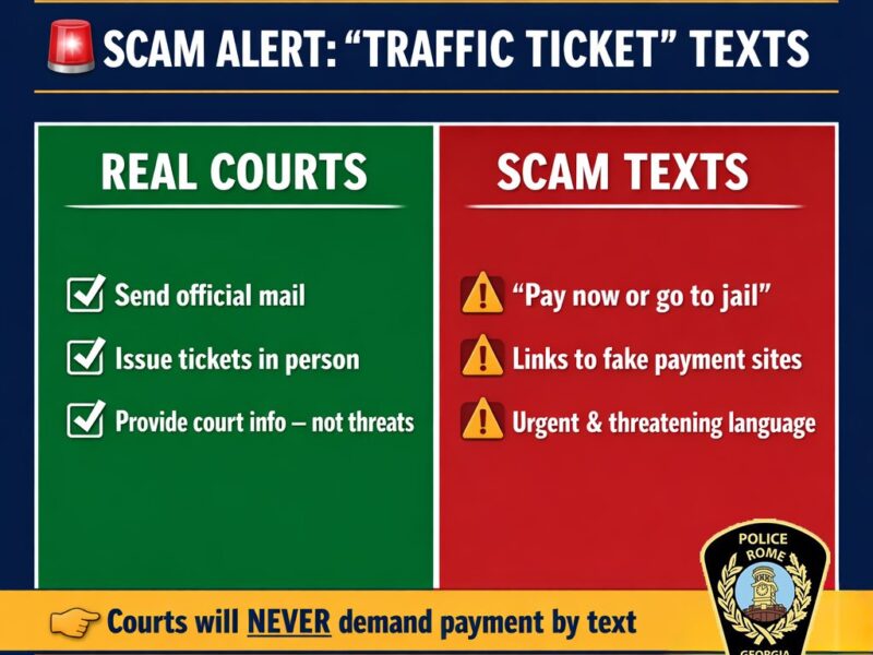 Scam alert warning about "traffic ticket" texts, contrasting real courts and scam texts. Real courts send official mail, issue tickets in person, and provide court information without threats. Scam texts use phrases like "Pay now or go to jail," link to fake payment sites, and use urgent, threatening language. A note at the bottom states courts will never demand payment by text. The image includes the Police Rome Georgia badge.