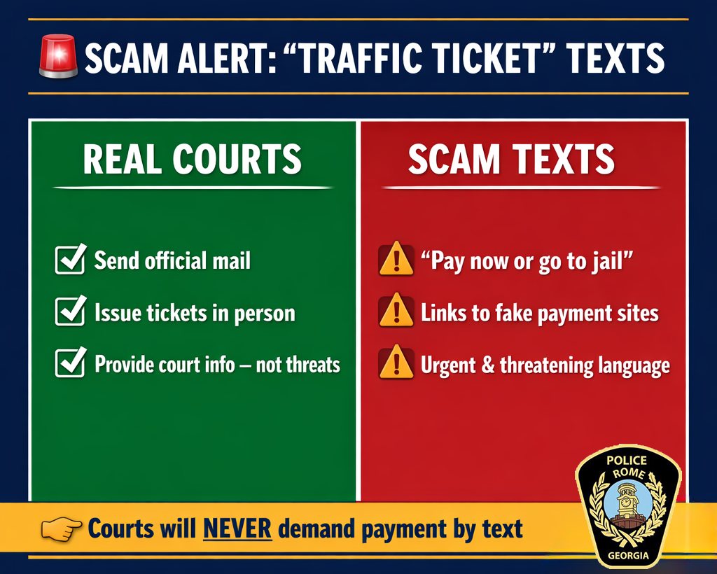 Scam alert warning about "traffic ticket" texts, contrasting real courts and scam texts. Real courts send official mail, issue tickets in person, and provide court information without threats. Scam texts use phrases like "Pay now or go to jail," link to fake payment sites, and use urgent, threatening language. A note at the bottom states courts will never demand payment by text. The image includes the Police Rome Georgia badge.