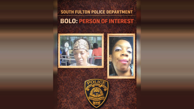 South Fulton Police Department alert for a person of interest, featuring two photos of a woman. The left photo shows her wearing a leopard print headscarf and hoop earrings, with a neutral expression. The right photo is a close-up of her face with makeup, including pink lipstick and light eyeshadow. Below the photos is the South Fulton Police Department badge.