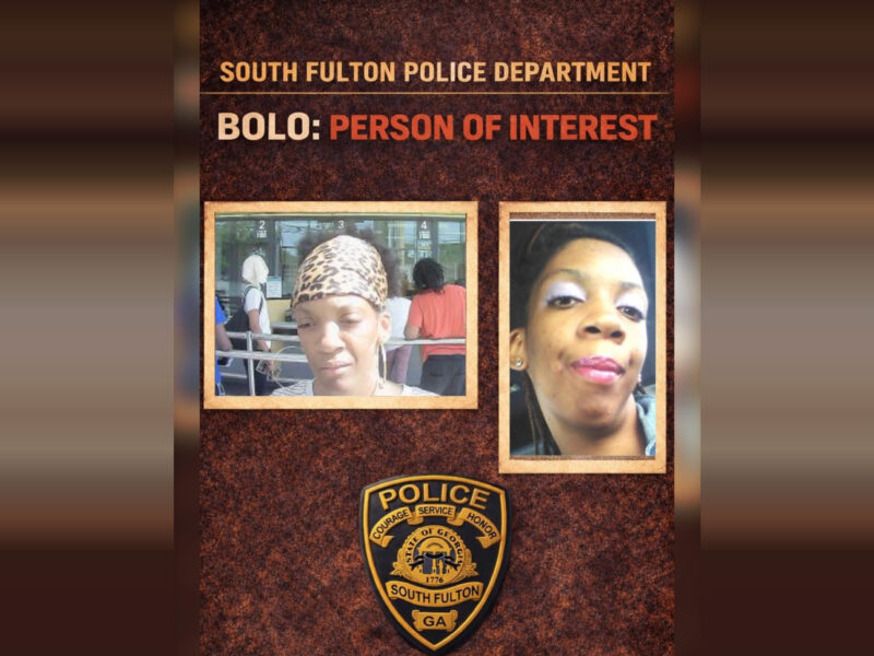 South Fulton Police Department alert for a person of interest, featuring two photos of a woman. The left photo shows her wearing a leopard print headscarf and hoop earrings, with a neutral expression. The right photo is a close-up of her face with makeup, including pink lipstick and light eyeshadow. Below the photos is the South Fulton Police Department badge.