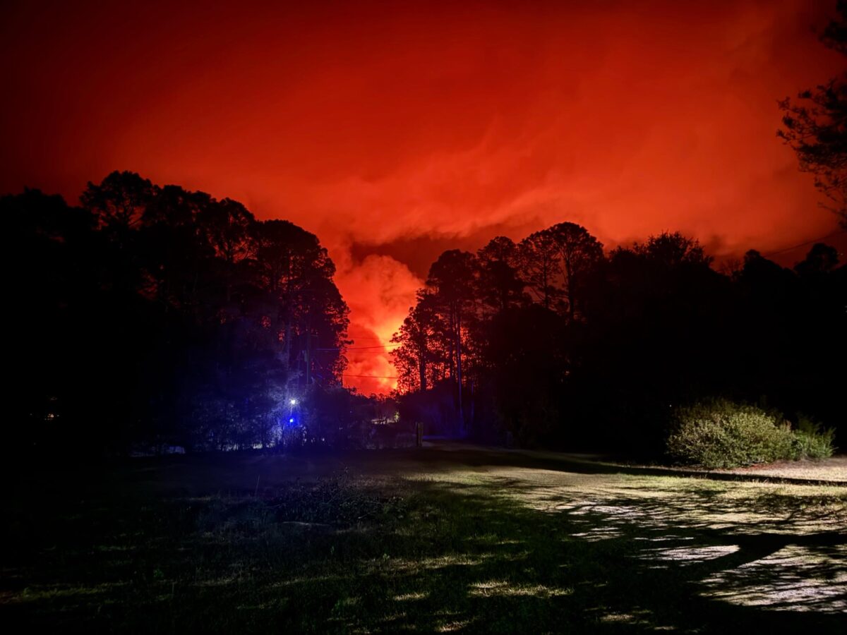 A nighttime scene of a forest fire with intense orange and red flames illuminating the sky behind silhouetted trees. The foreground shows a dark grassy area and a dirt path, with a faint blue light source near the trees on the left side.