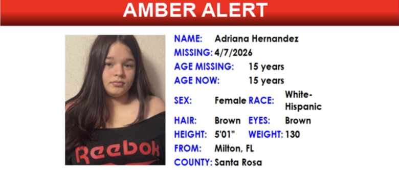Adriana Hernandez, a 15-year-old female, White-Hispanic, with brown hair and brown eyes, 5'01" tall, weighing 130 pounds, last seen missing on 4/7/2026 from Milton, FL, Santa Rosa County. She is wearing a black Reebok shirt in the photo.