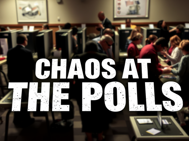 A busy polling station with multiple voting booths and people engaged in the voting process, overlaid with large white text reading "CHAOS AT THE POLLS." The scene appears crowded and active, suggesting a hectic or disorganized voting environment.