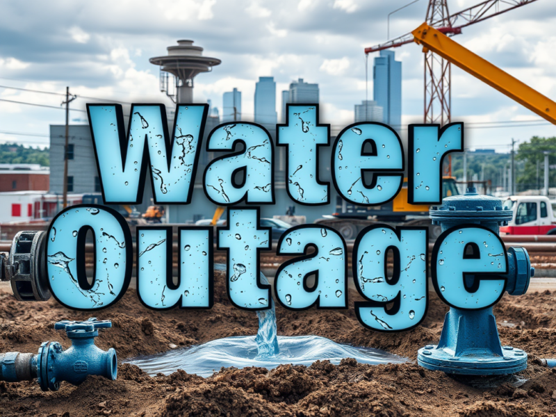 A construction site with exposed blue water pipes and a small stream of water flowing from one pipe into a muddy area. The background shows an urban skyline with tall buildings and a cloudy sky. Large, bold text reading "Water Outage" is superimposed over the image, with a water texture inside the letters.
