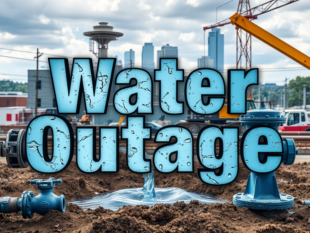 A construction site with exposed blue water pipes and a small stream of water flowing from one pipe into a muddy area. The background shows an urban skyline with tall buildings and a cloudy sky. Large, bold text reading "Water Outage" is superimposed over the image, with a water texture inside the letters.