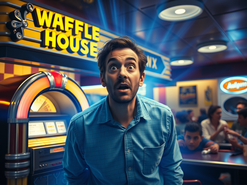 A man with an astonished expression wearing a blue checkered shirt is in a retro-style diner with a brightly lit jukebox and a "Waffle House" sign in the background. Several people are seated at tables behind him, and the setting has a nostalgic, vibrant atmosphere with warm lighting.