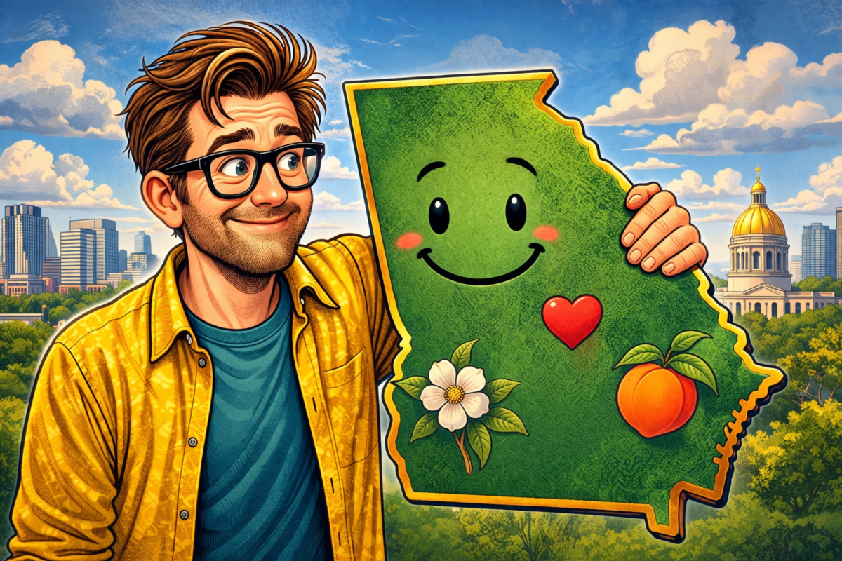 A smiling man with glasses and tousled brown hair, wearing a yellow patterned shirt over a blue t-shirt, is holding a large, cartoonish green map of Georgia. The map has a happy face, a red heart, a white flower, and a peach illustrated on it. In the background, there is a cityscape with tall buildings and a domed golden-roofed building, set against a blue sky with fluffy clouds.