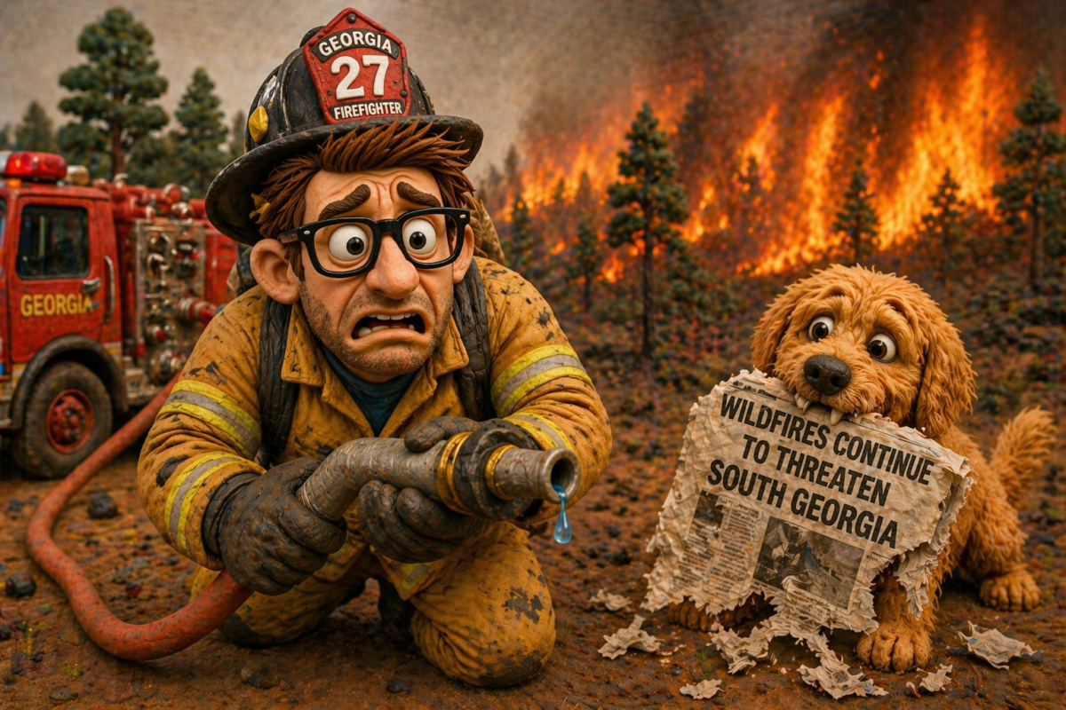 A worried firefighter in dirty yellow gear and a helmet labeled "Georgia 27 Firefighter" holds a dripping hose while kneeling on the ground. Beside him, a concerned dog with shaggy fur is chewing on a torn newspaper with the headline "WILDFIRES CONTINUE TO THREATEN SOUTH GEORGIA." In the background, a wildfire blazes through a forest with tall trees, and a red fire truck marked "GEORGIA" is partially visible.