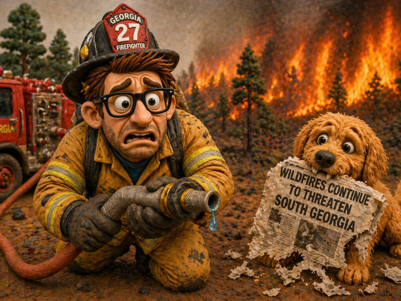 A worried firefighter in dirty yellow gear and a helmet labeled "Georgia 27 Firefighter" holds a dripping hose while kneeling on the ground. Beside him, a concerned dog with shaggy fur is chewing on a torn newspaper with the headline "WILDFIRES CONTINUE TO THREATEN SOUTH GEORGIA." In the background, a wildfire blazes through a forest with tall trees, and a red fire truck marked "GEORGIA" is partially visible.
