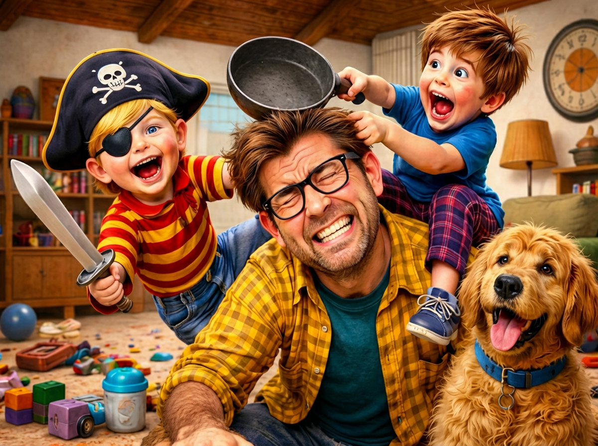 A man wearing glasses and a yellow plaid shirt is playfully grimacing while two excited children climb on his back. One child, dressed as a pirate with a black hat featuring a skull and crossbones, a red and yellow striped shirt, and an eye patch, holds a toy sword. The other child, wearing a blue shirt and plaid pants, holds a frying pan above the man's head. A happy golden retriever with a blue collar sits nearby. The background shows a cozy, cluttered living room with toys scattered on the floor.