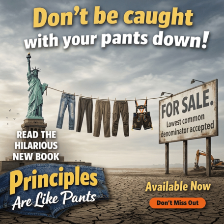 Man in an office setting wearing a light blue dress shirt and striped tie, with his pants down and hands covering his groin area, looking surprised. Text above reads "Don't be caught with your pants down!" and below reads "Read the hilarious new book Principles Are Like Pants Available Now!" with an image of denim pants.