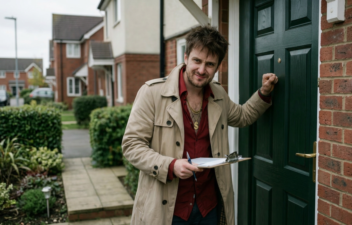 Fake Salesperson knocking on a green door with clipboard in hand