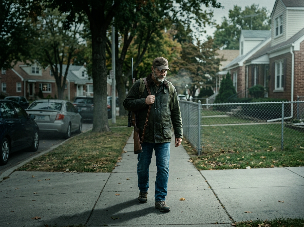 A man in a cap and jacket walking on a sidewalk with a rifle over his shoulder in a residential neighborhood