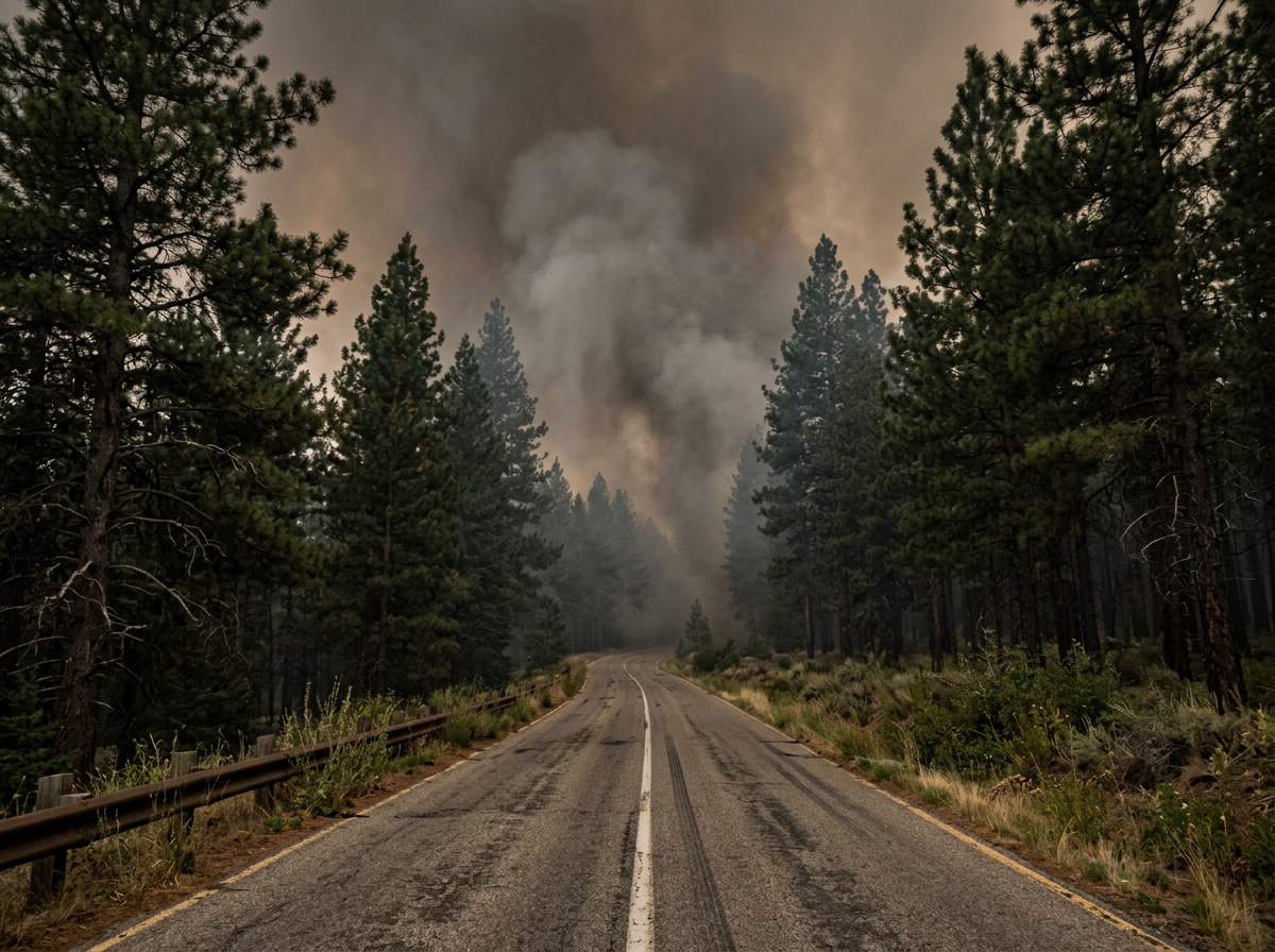 Road leading into a forest with large smoke plume from a wildfire