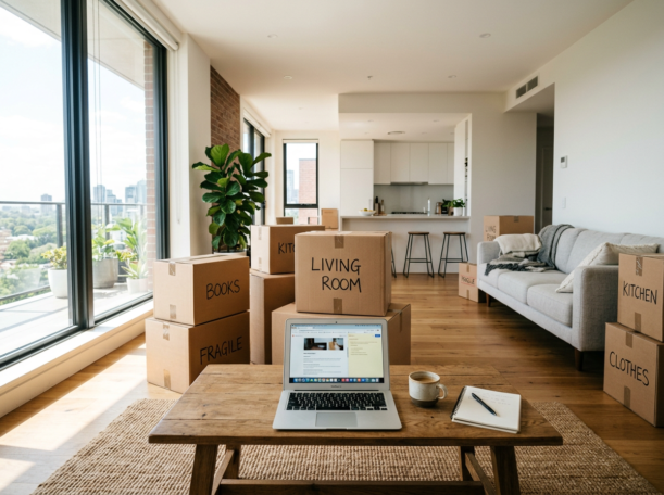 Living room with labeled moving boxes, a laptop, coffee cup, and notebook on a table