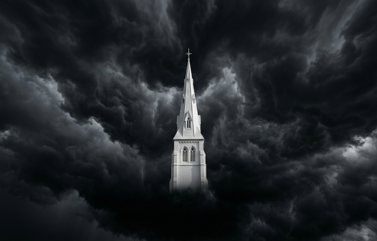 Gothic-style church steeple with dark, swirling storm clouds overhead